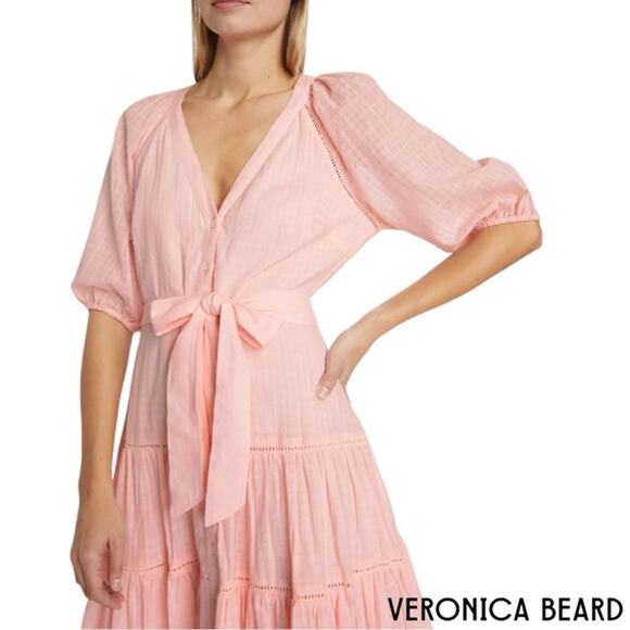 Veronica Beard Dewey Tiered Cotton Button-Up Tie Waist Dress Pink Haze Sz 8 - Picture 5 of 15
